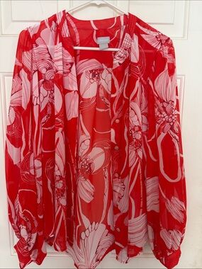 Chico's Coral & White Floral Sheer Button-Front Blouse Sz 2
